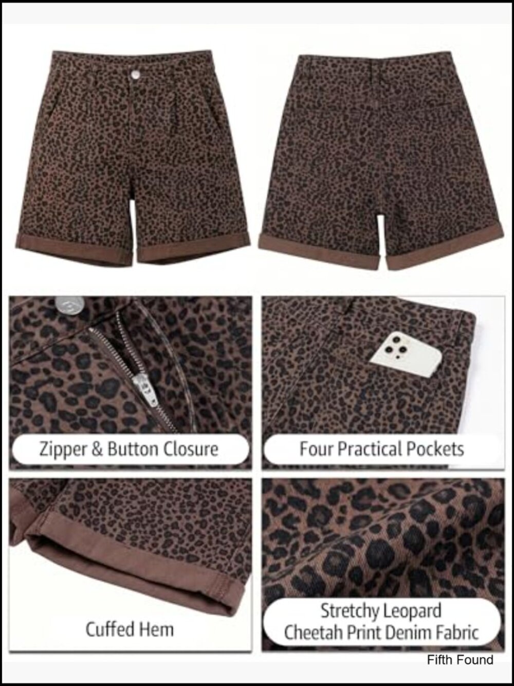 High Waisted Denim Shorts with Cheetah Print Cuffed Hem Pleated Stretch Summer - Picture 6 of 6
